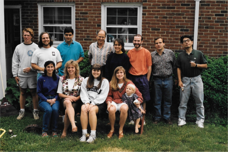 Mike (standing next to Iggy Provencio) and the “Lab Family” at a BBQ in Charlottesville, 1994